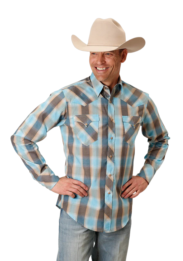 Roper Men's Beach Dobby Long Sleeve Green Shirt