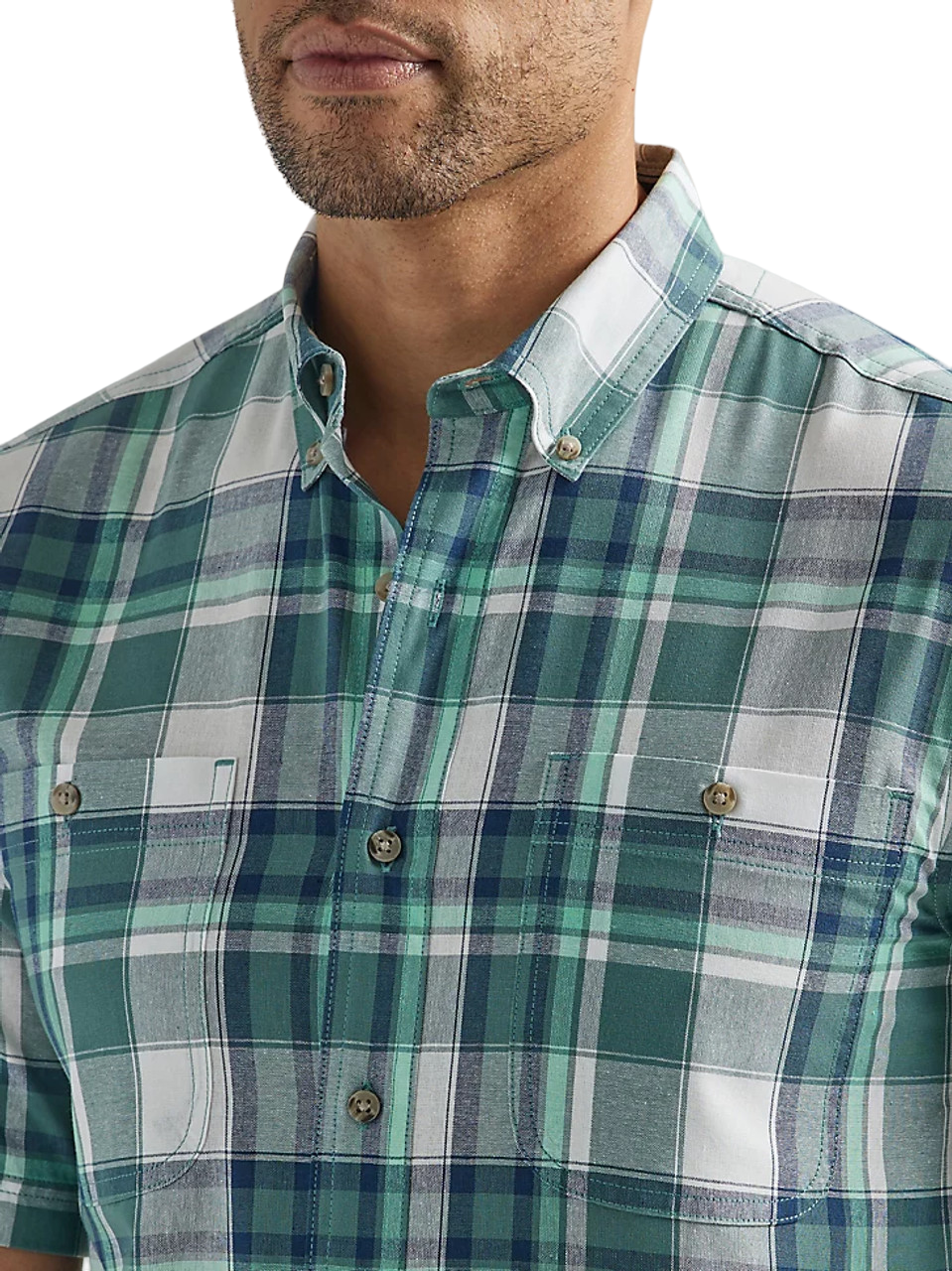 Wrangler Men's Rugged Wear Green & Blue Plaid Short Sleeve Shirt