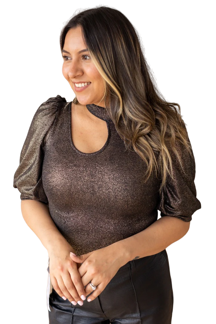 Southern Grace Women's Gold Cutout Puff Sleeve Bodysuit