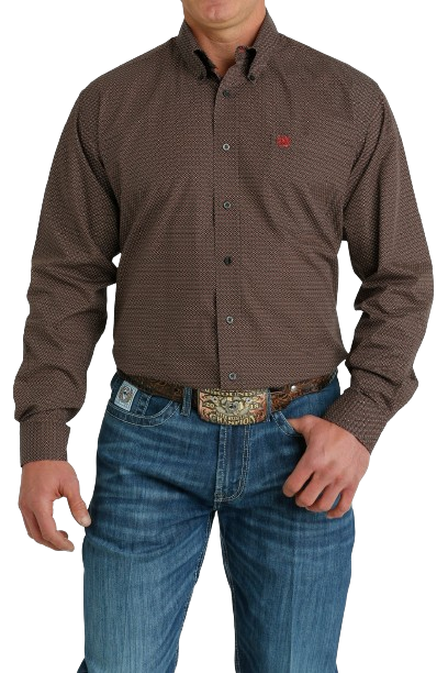 Cinch Men's Geometric Print Button Down Western Brown Khaki Shirt