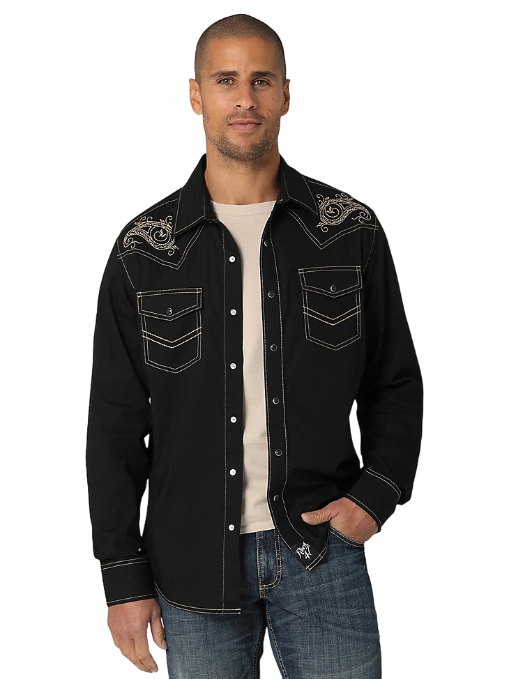 Wrangler Men's Rock 47 Long Sleeve Embroidered Yoke Black Ember Western Shirt - Tall