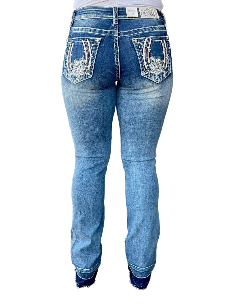 Grace Women's in LA Easy Fit Embellished Horse Shoe Bootcut Jeans