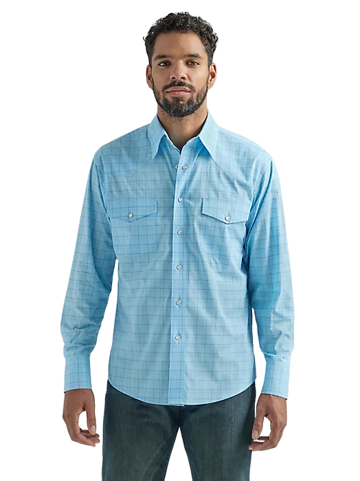 Wrangler Mens Blue Plaid Wrinkle Resist Snap Shirt