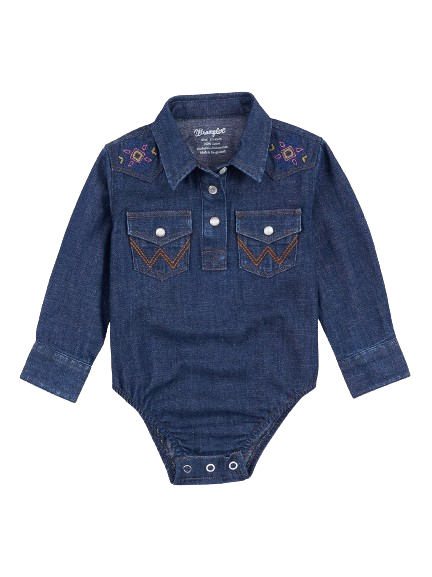 Wrangler Infant Girl's Baby Embroidered Yoke Denim Blue Bodysuit