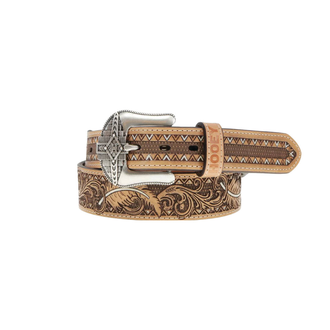 Hooey Men's War Paint Natural Brown Ivory Belt, rolled belt and buckle view