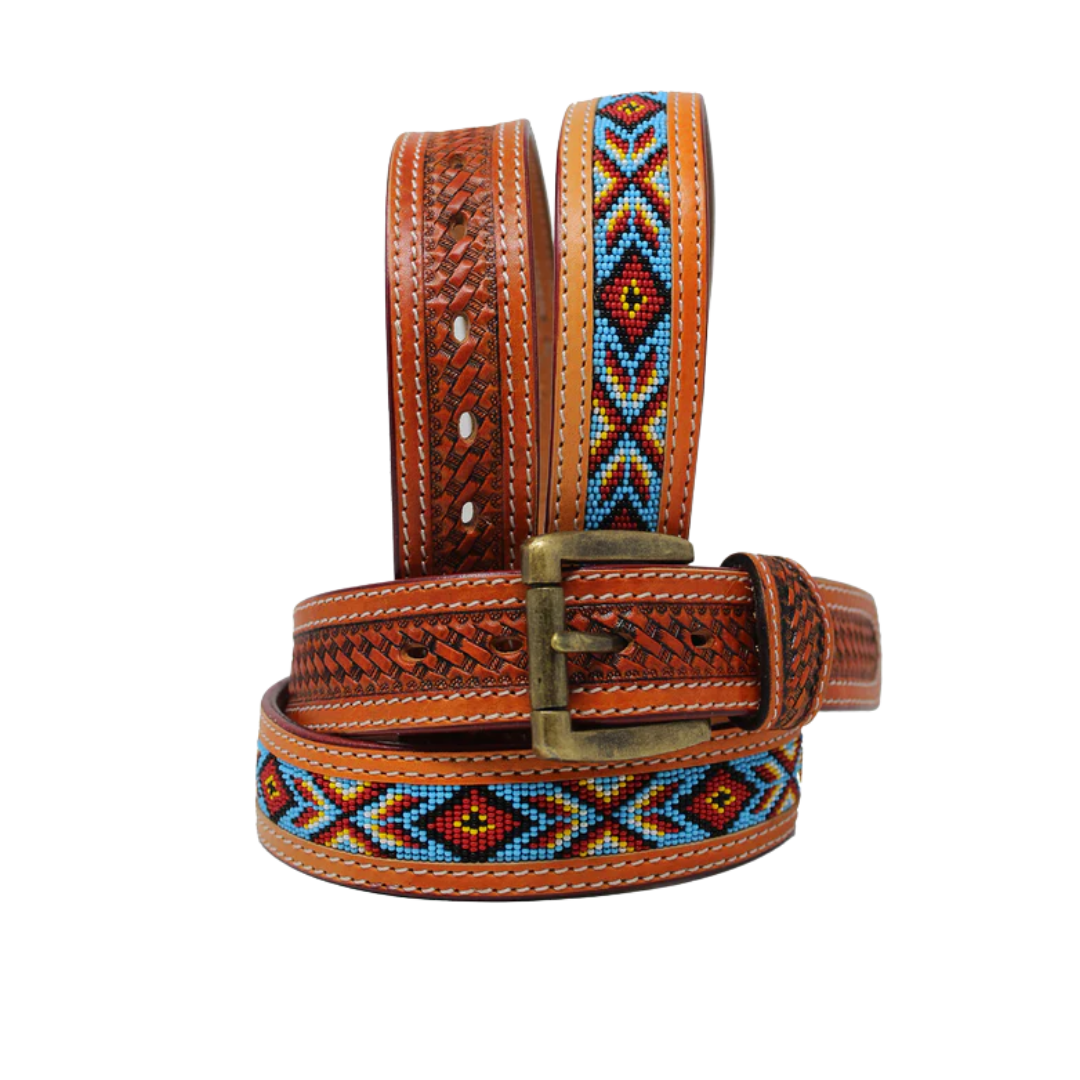Challenger Men's Floral Tooled Beaded Leather Brown Belt