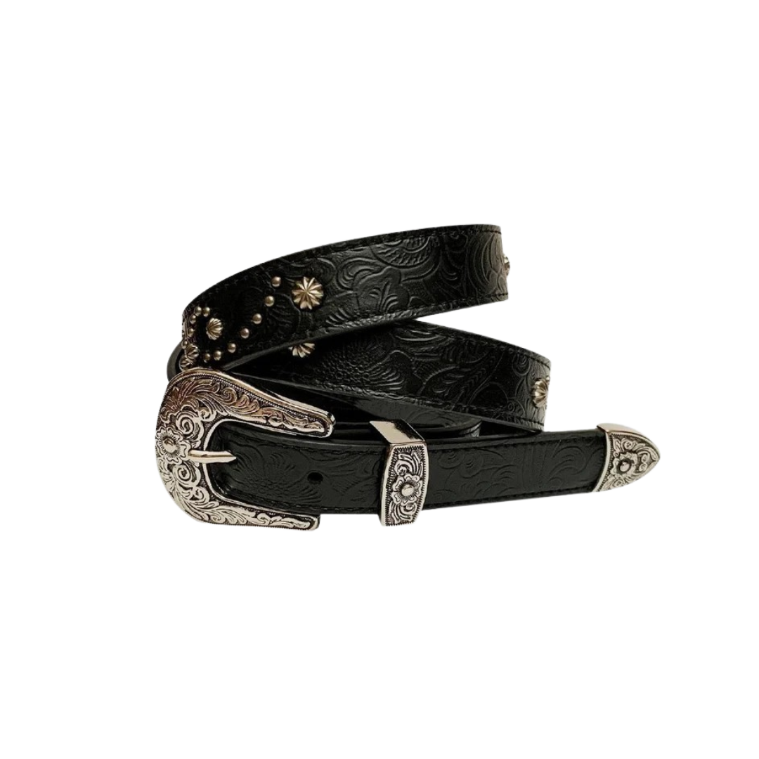 Genuine Leather Floral Design Women's Black Belt - The Boot Jack