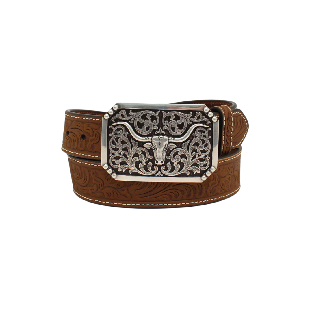 3D Men's Floral Tooled Longhorn Embossed Buckle Brown Belt