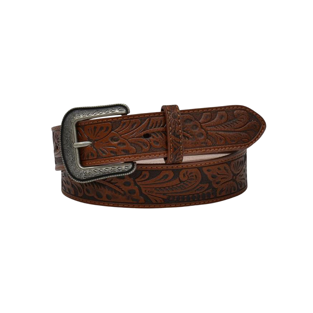 3D Men's Floral Embossed Leather Brown Belt