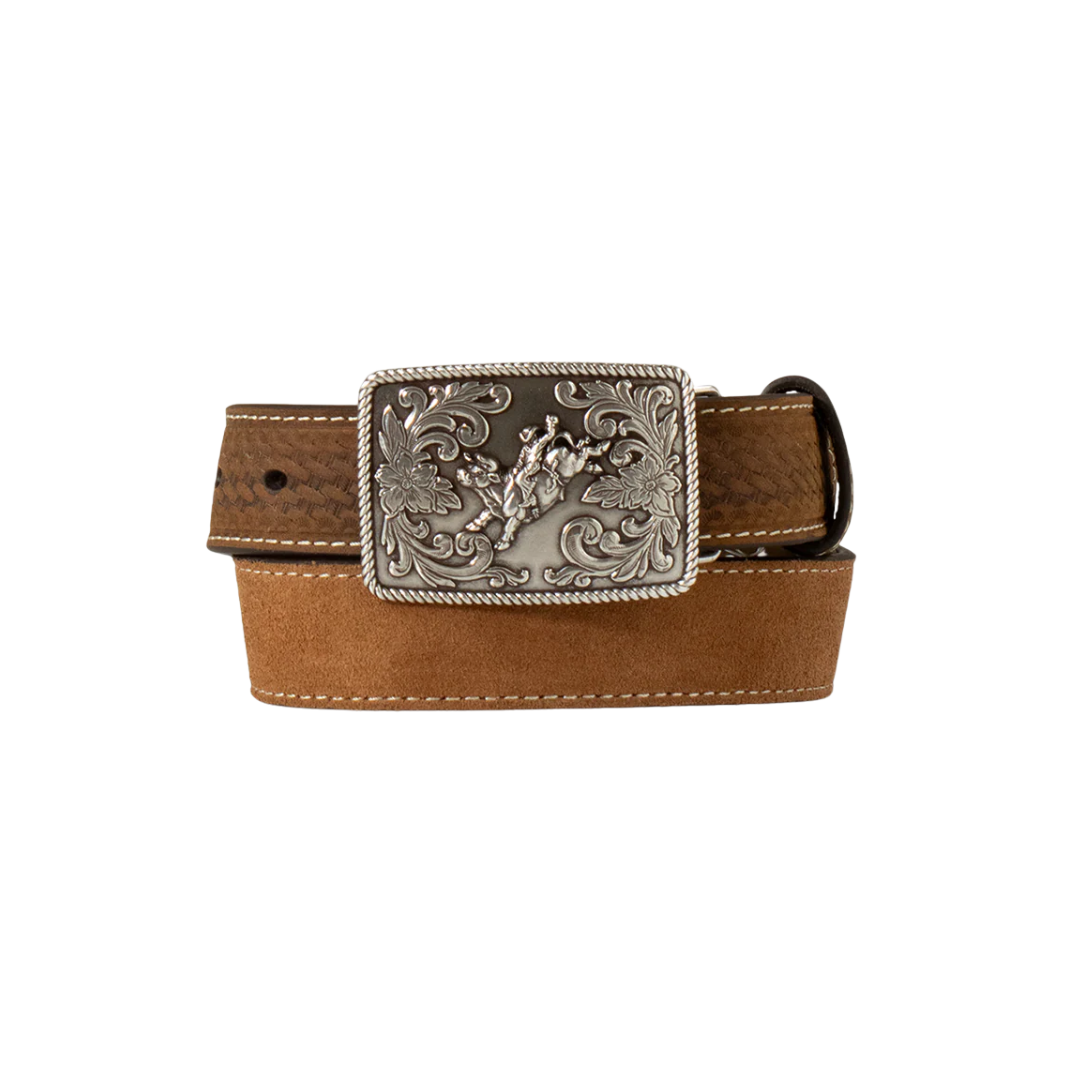 3D Youth Boy's Basketweave Tabs Bull Rider Buckle Brown Belt