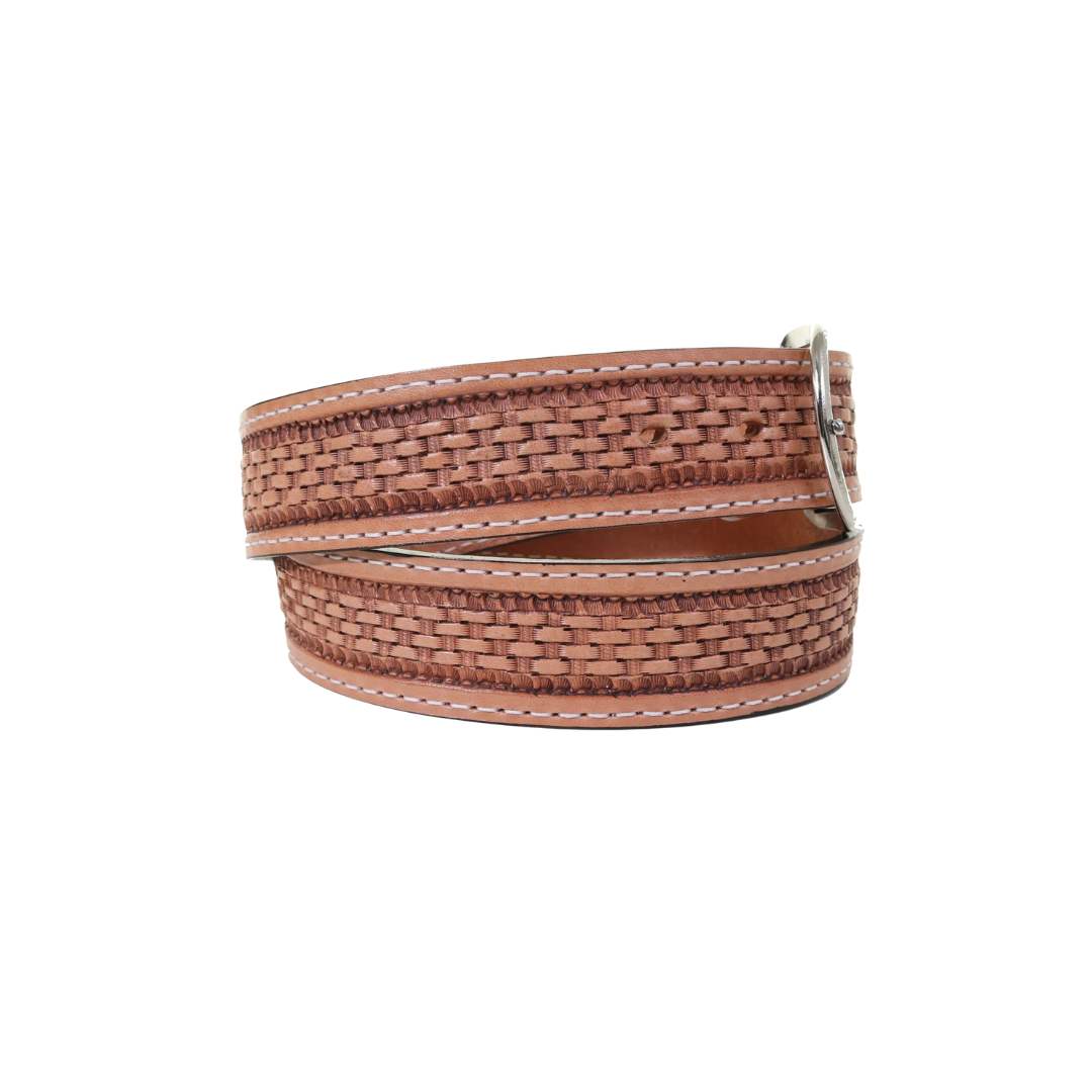 Double J Men's Natural Basket Weave Tooled Brown Belt