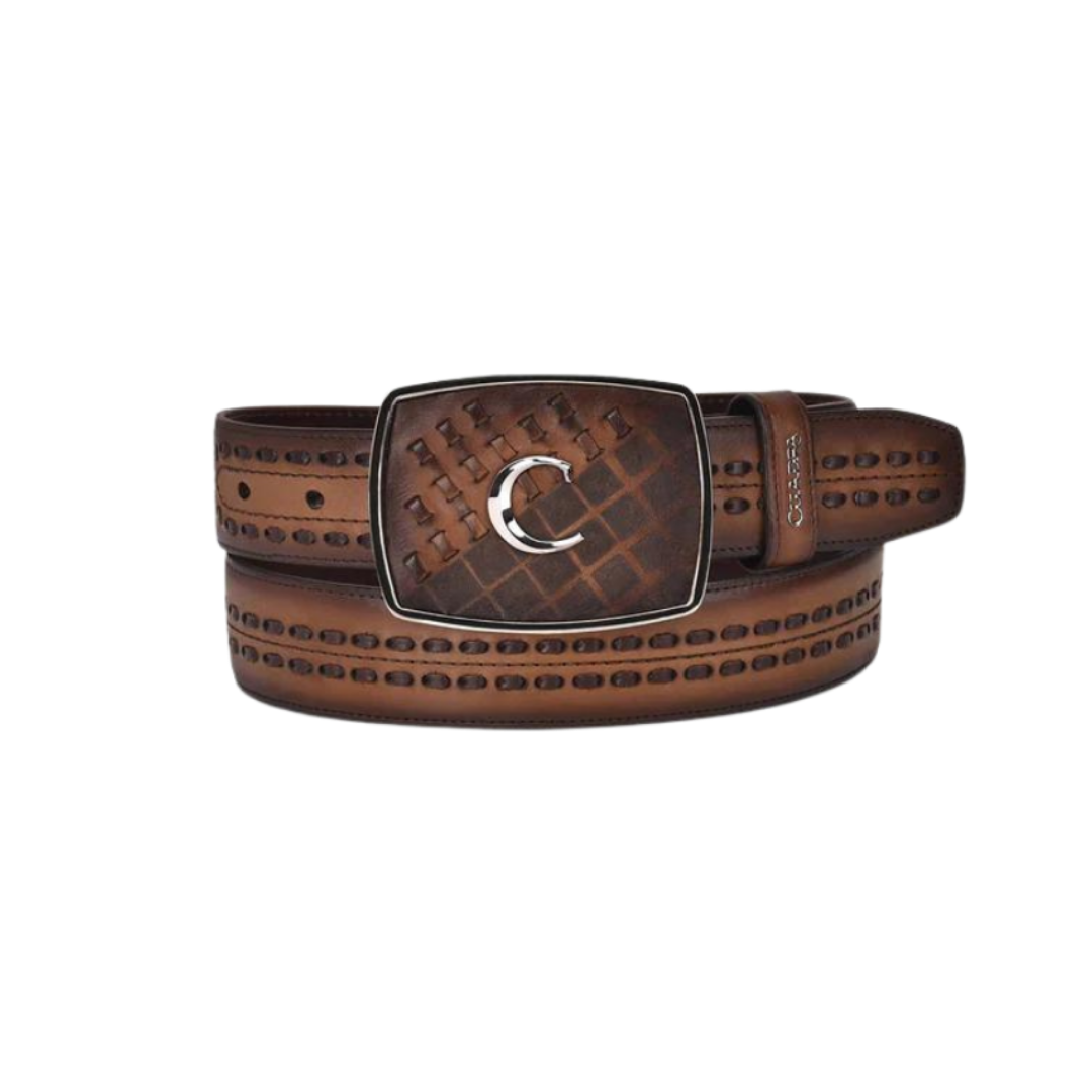 Cuadra Men's Laser & Woven Honey Brown Leather Belt