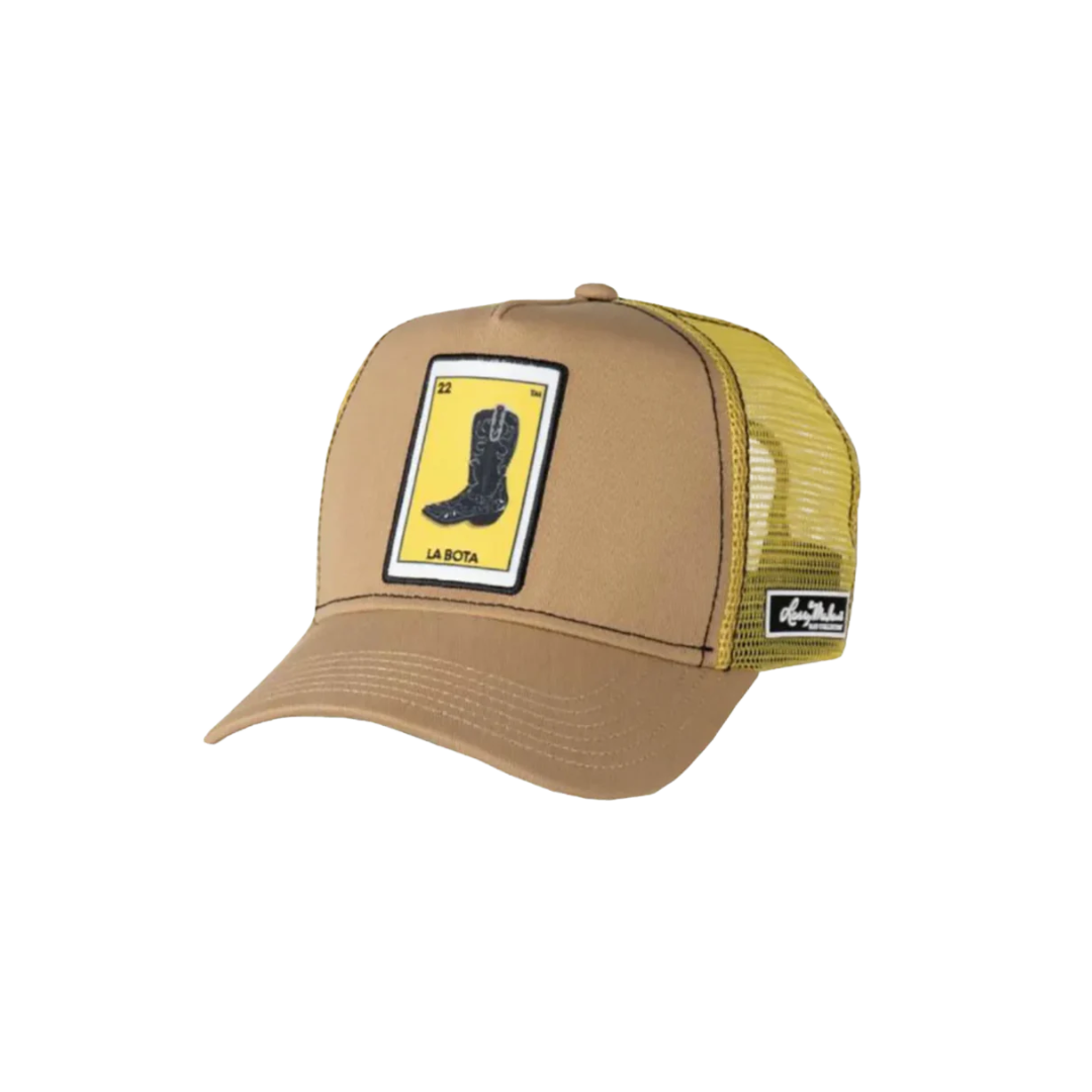 Larry Mahan men's La Bota Graphic Trucker Khaki Cap