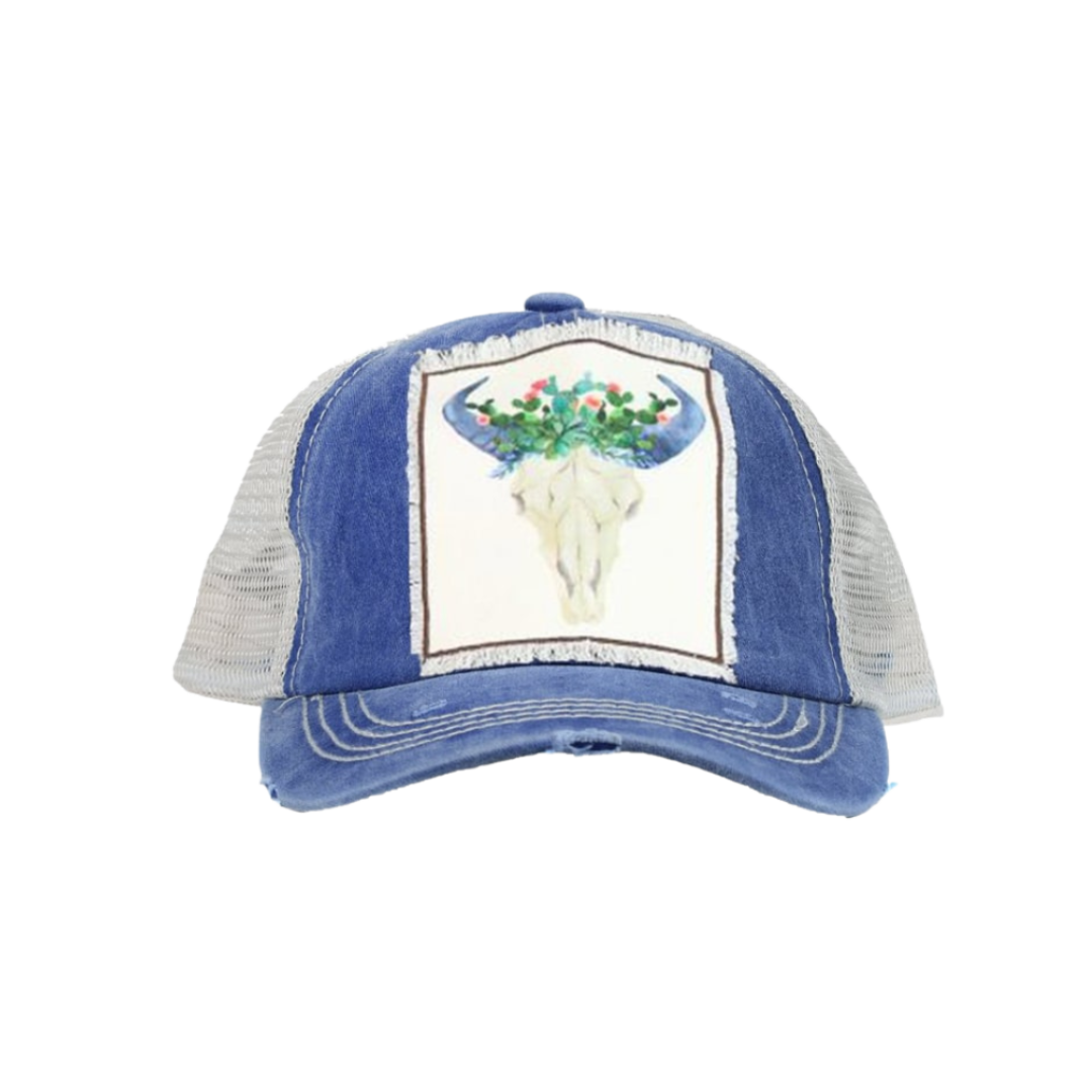 Southern Grace Women's Cactus Bull Skull Patch Blue Cap