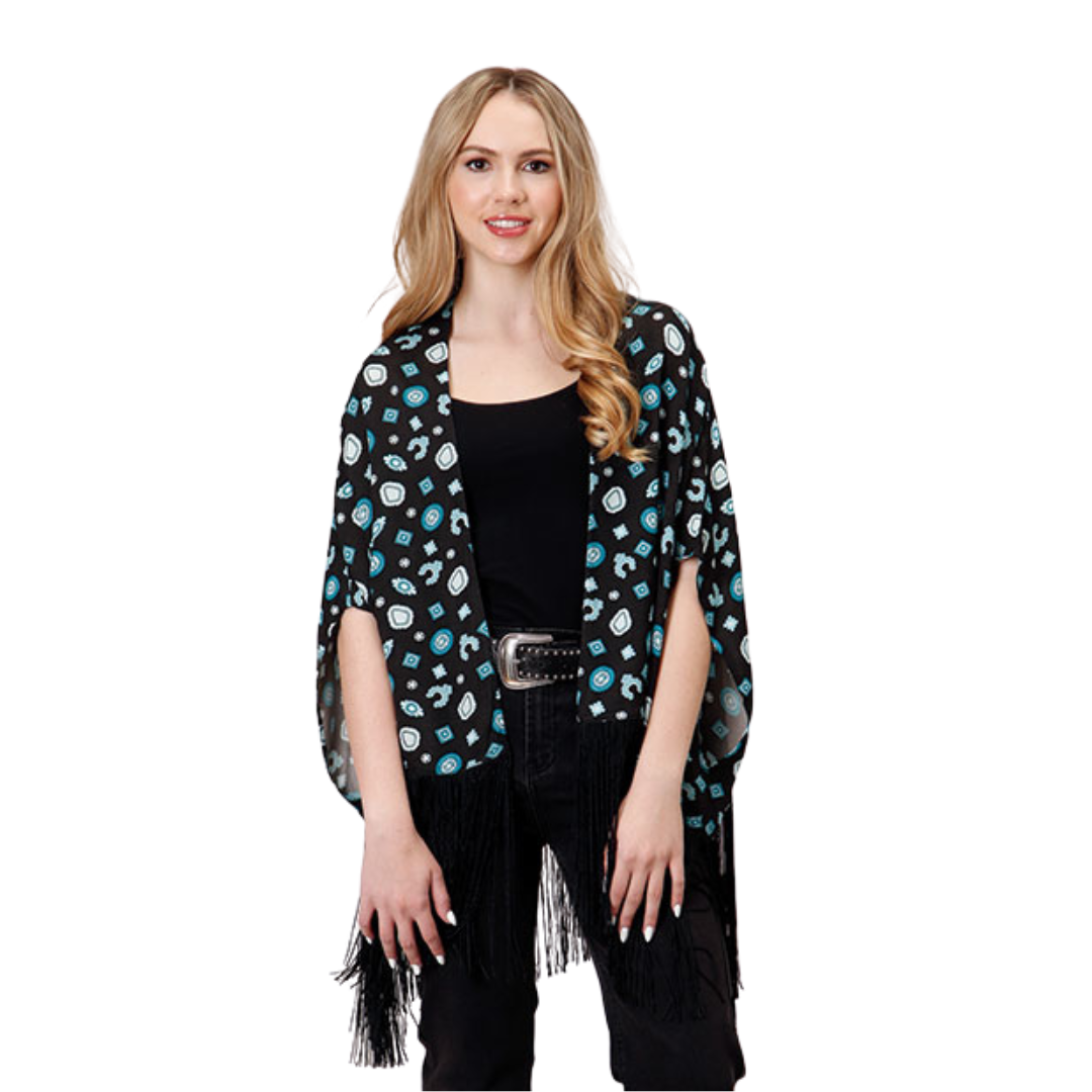 Roper Women's Print Woven Fringe Black Cardigan