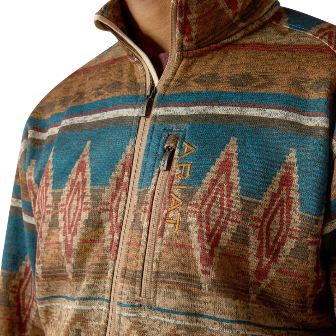 Ariat Men's Caldwell Full Zip Oxford Tan Southwest Print Sweater
