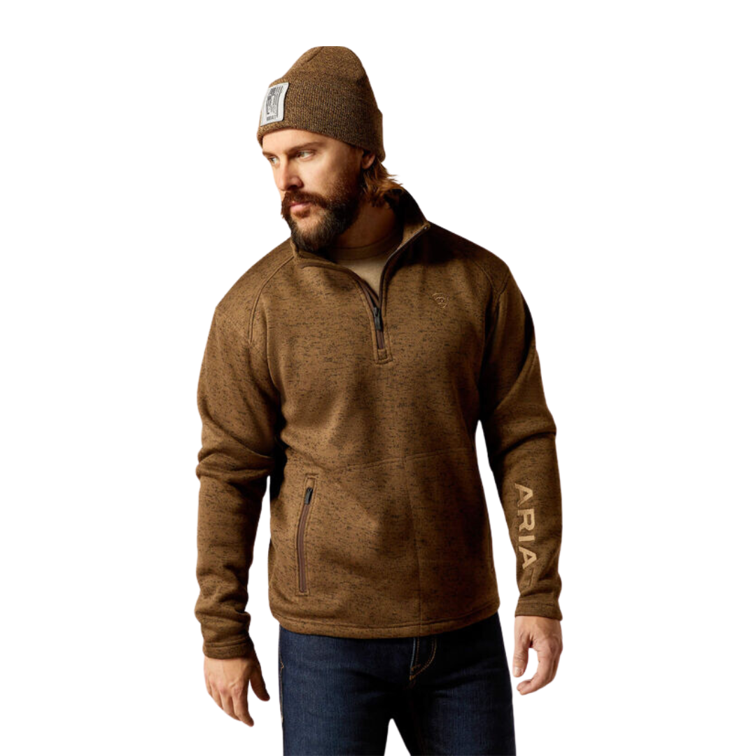 Ariat Men's Caldwell Logo 1/4 Zip Dark Brown Heather Sweater