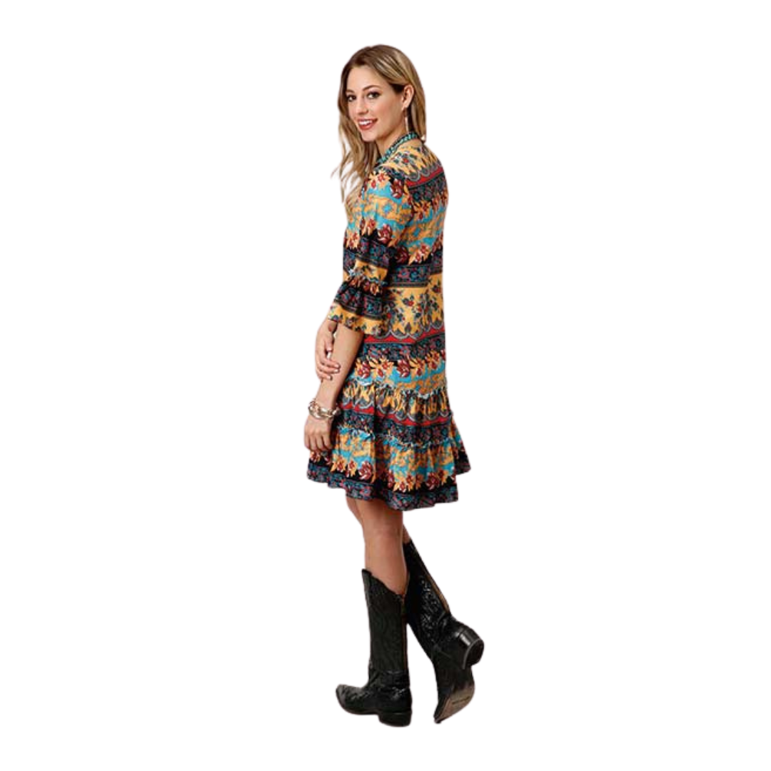 Roper Women's Printed Poly Crepe Tiered Blue Dress