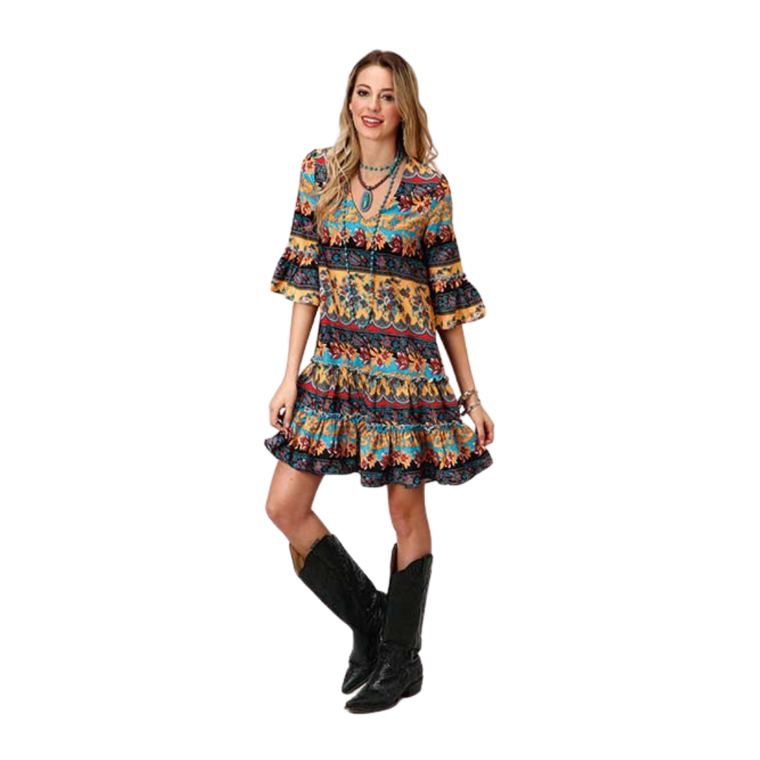 Roper Women's Printed Poly Crepe Tiered Blue Dress