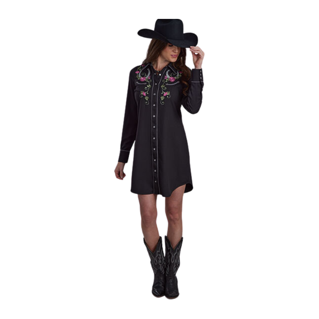 Roper Women's Floral Snap Cuff Black Shirt Dress