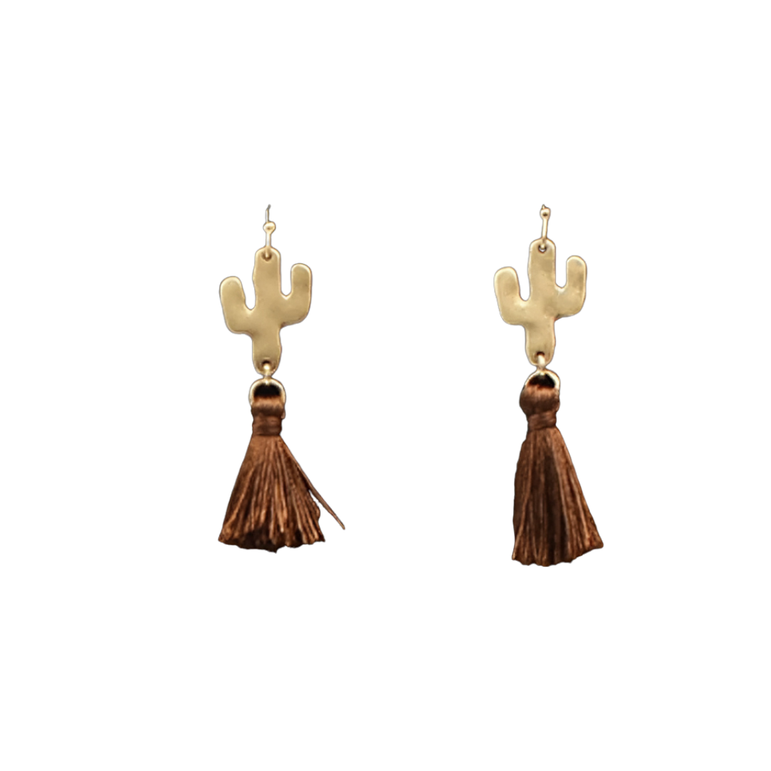 M&F Women's Gold Cactus Tassel Brown Earrings
