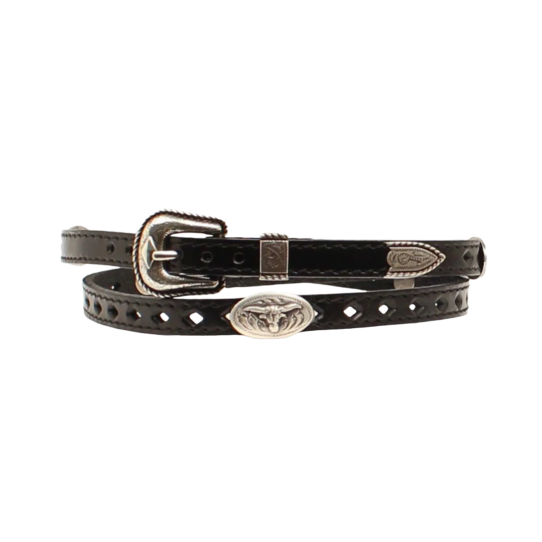 M&F Unisex Western Longhorn Silver Buckle Accent Black Hatband