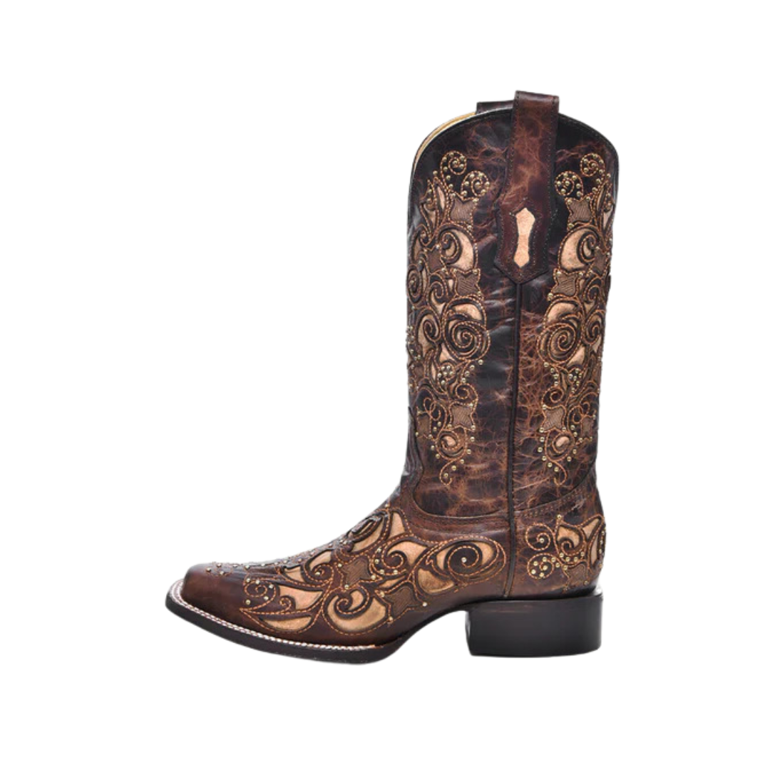 Corral Women's Tan Inlay Embroidery And Studs Square Toe Cowboy Brown Boot
