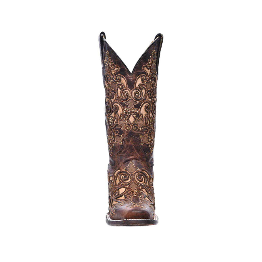 Corral Women's Tan Inlay Embroidery And Studs Square Toe Cowboy Brown Boot