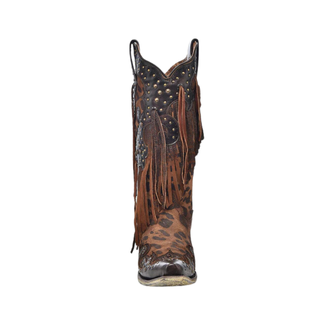 Corral Women's Leopard Print With Fringe And Studs Snip Toe Cowboy Brown Boot