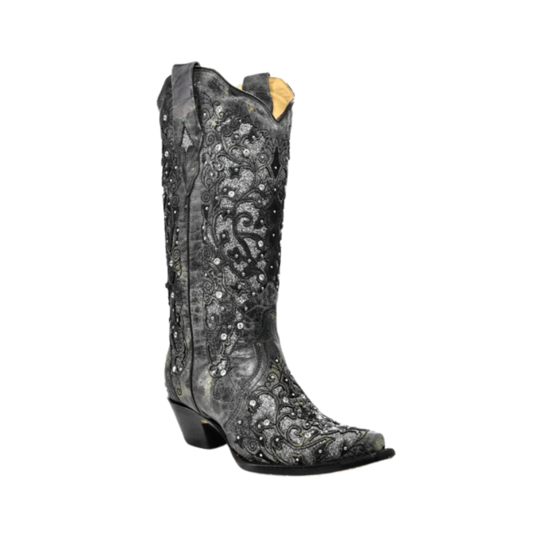 Corral Women's Glitter Inlay Floral Overlay With Crystals And Studs Snip Toe Cowboy Grey Boot