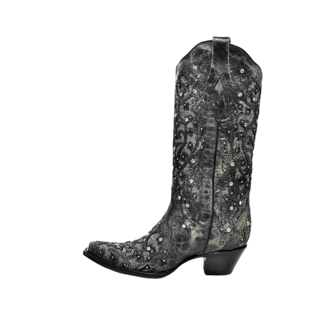 Corral Women's Glitter Inlay Floral Overlay With Crystals And Studs Snip Toe Cowboy Grey Boot