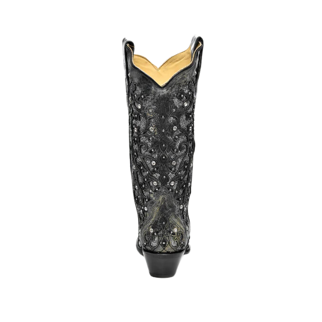 Corral Women's Glitter Inlay Floral Overlay With Crystals And Studs Snip Toe Cowboy Grey Boot