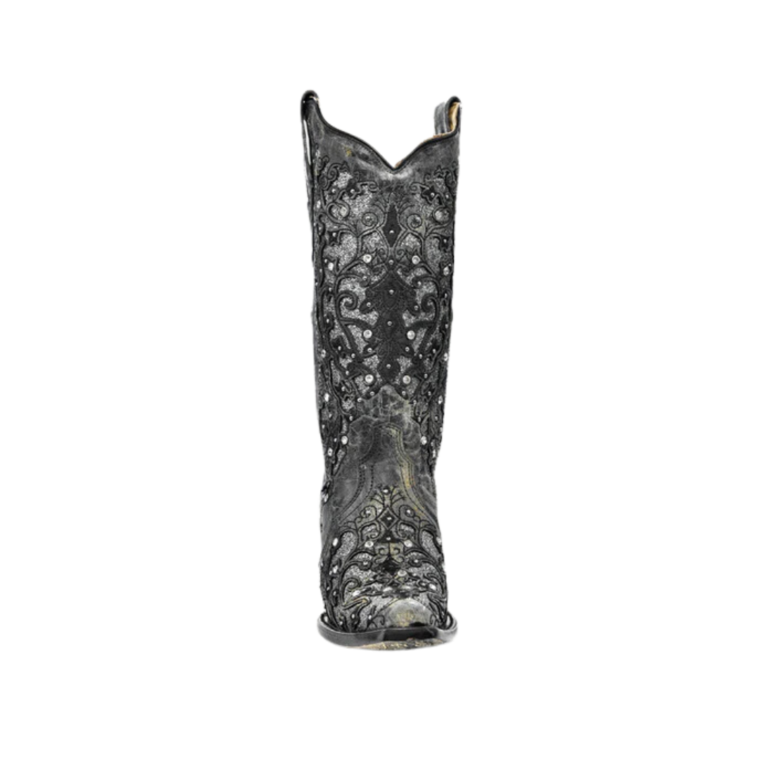 Corral Women's Glitter Inlay Floral Overlay With Crystals And Studs Snip Toe Cowboy Grey Boot