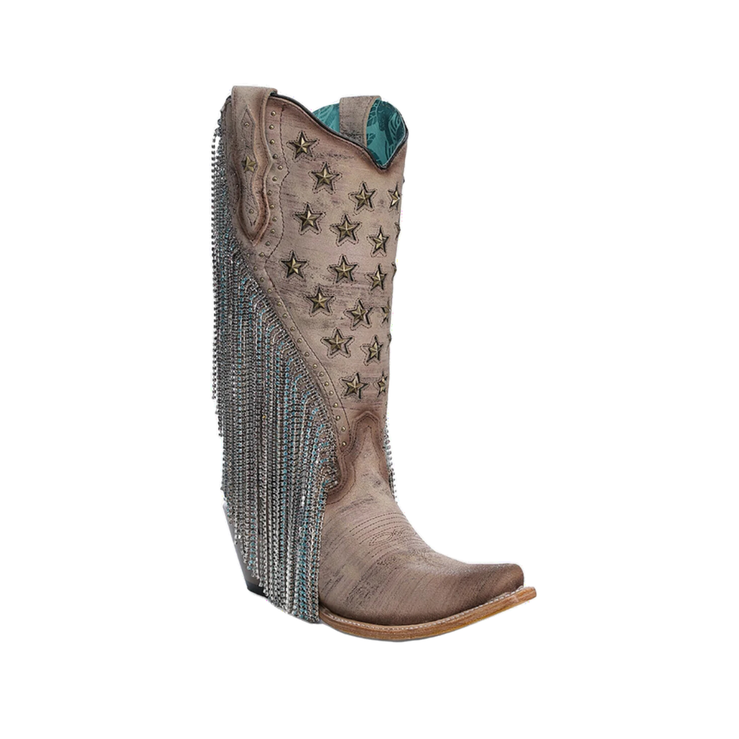 Corral Women's Embroidery Star Stud Fringe Brown Boots
