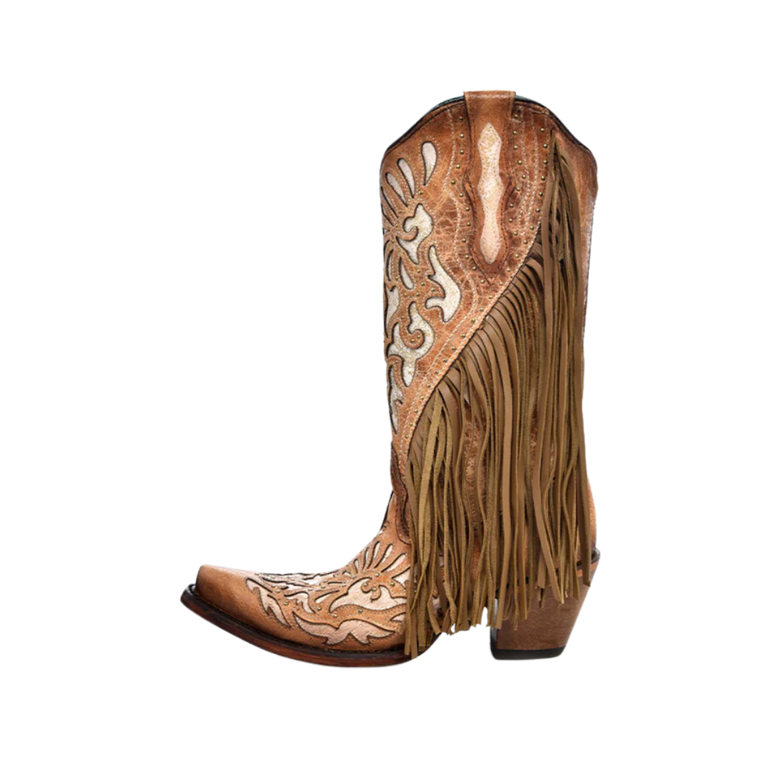 Corral Women's White Inlay Lamb Fringe Sandle Boots