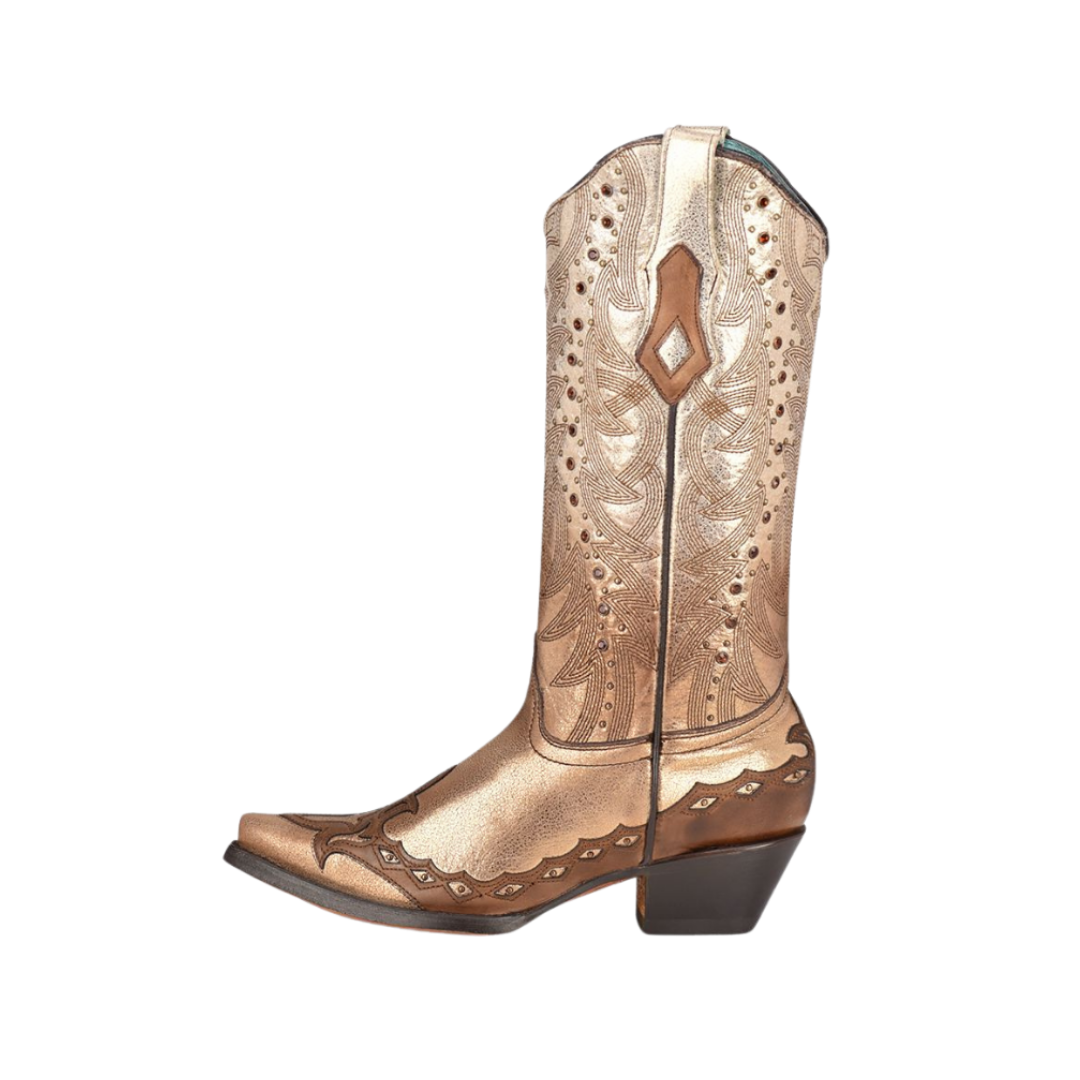 Corral Women's Faded Bone Overlay Embroidery Snip Brown Boots