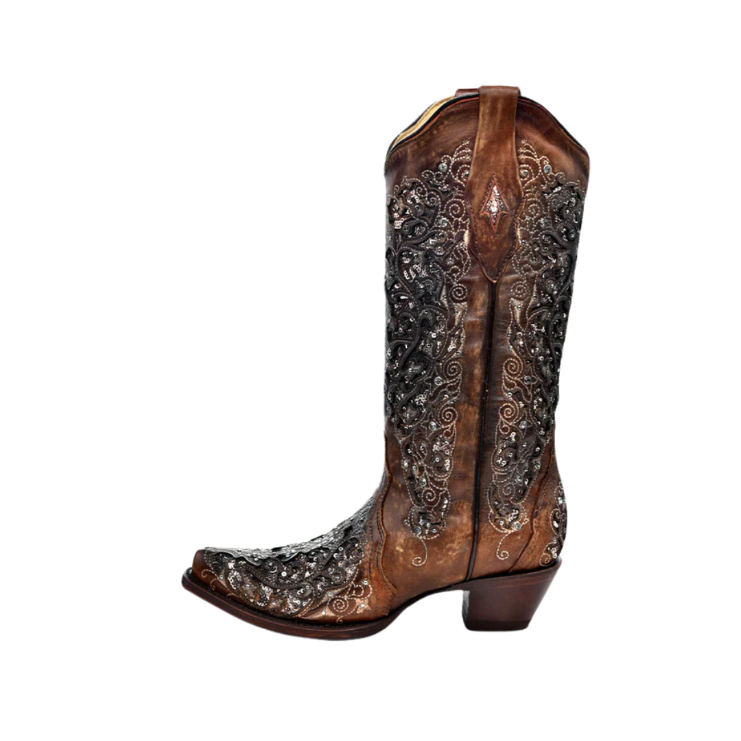 Corral Boots Women's Glitter Inlay Floral Overlay With Crystals Cognac Cowboy Black Boot