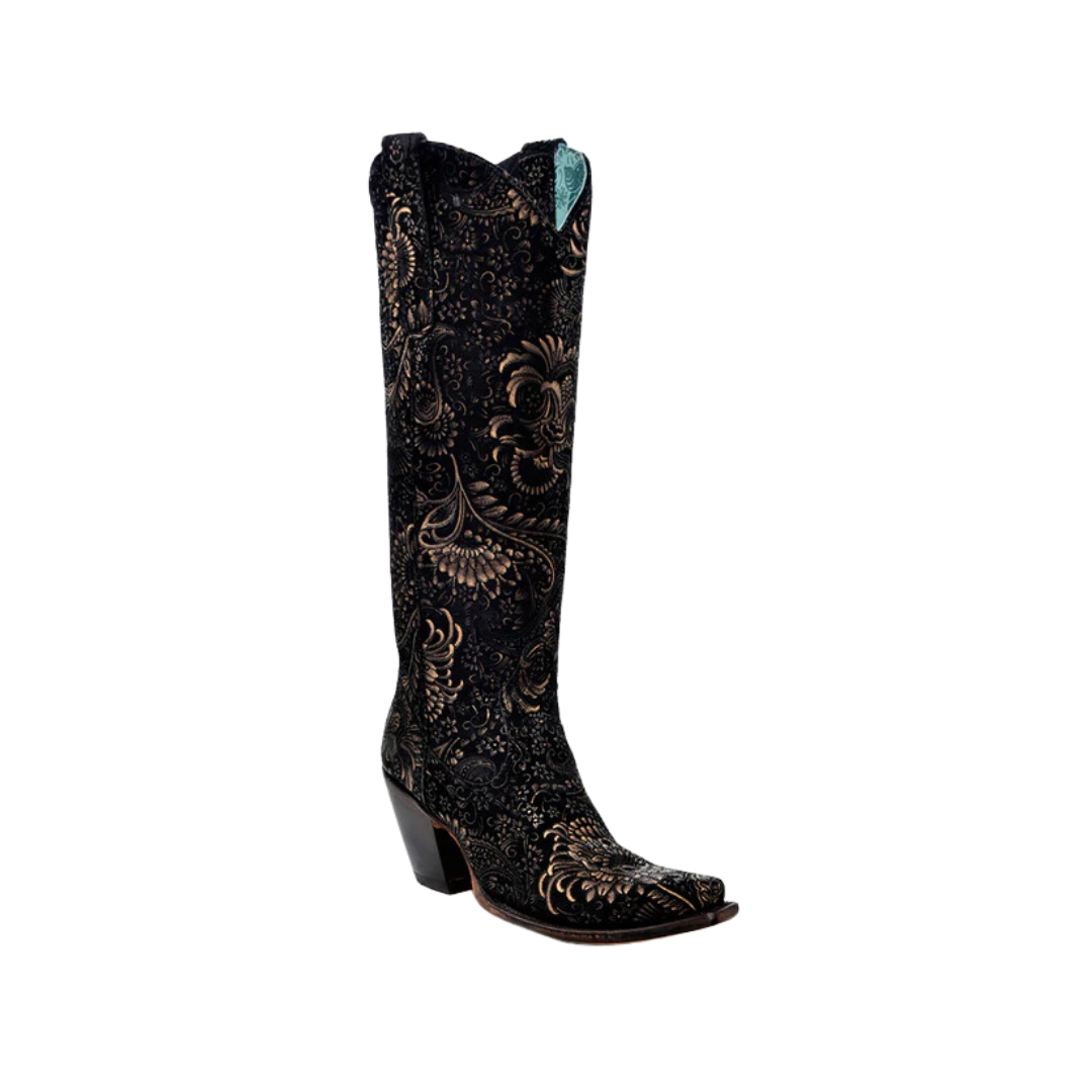 Corral Women's Stamped Floral Western Black & Gold Boots