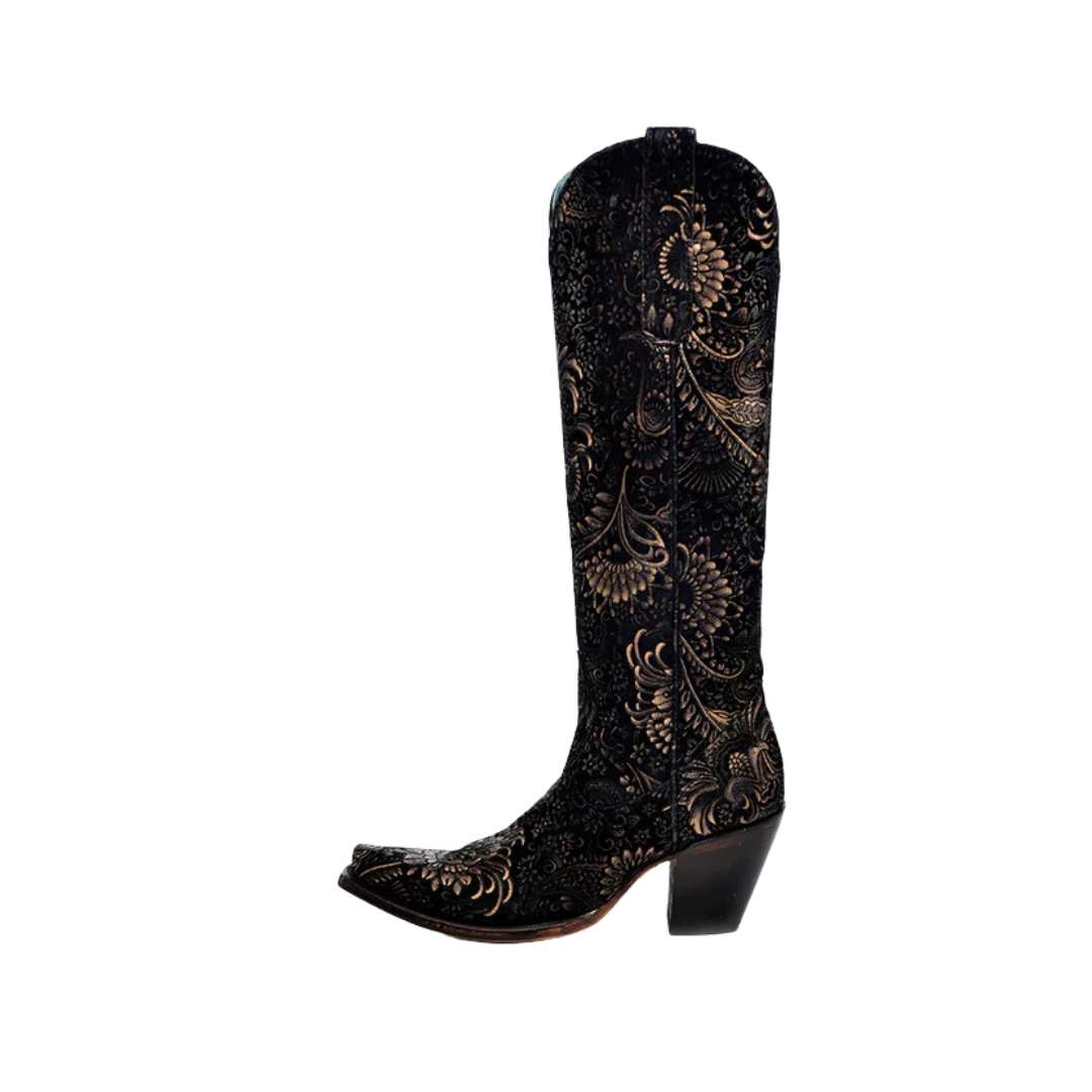 Corral Women's Stamped Floral Western Black & Gold Boots