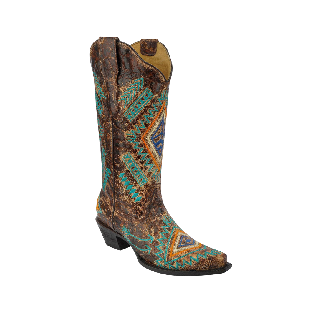 Corral Women's Diamond Cowgirl Snip Toe Turquoise Cognac Boots