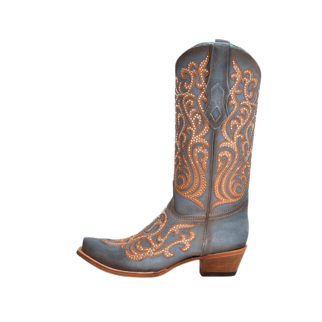Corral Women's Honey Overlay With Crystals Snip Toe Cowboy Blue Boot