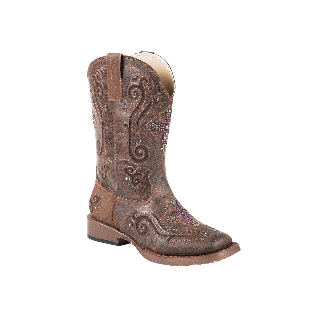 Roper Footwear Youth Girl's Vintage Crystal Cross Brown Boots