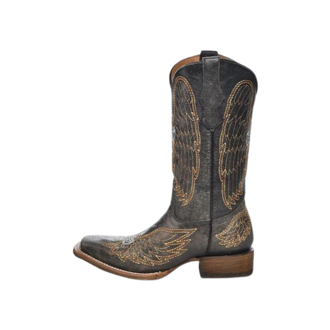 Corral Youth Girl's Wings Silver Cross Black Boots