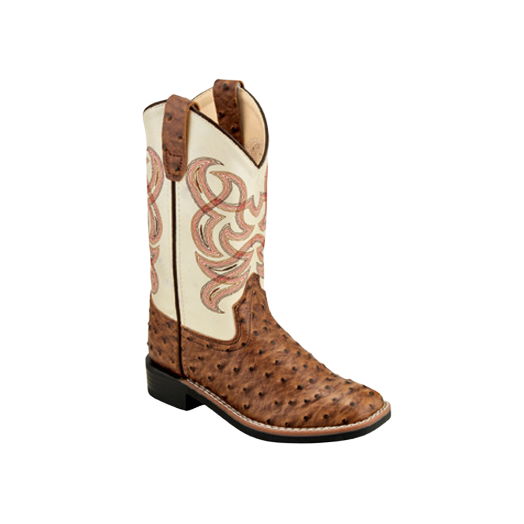 Old West Youth Boy's Ostrich Print Square Toe Brown Boots