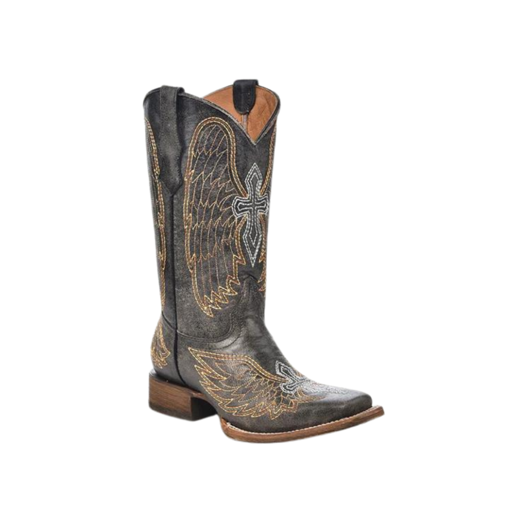 Corral Youth Girl's Wings Silver Cross Black Boots