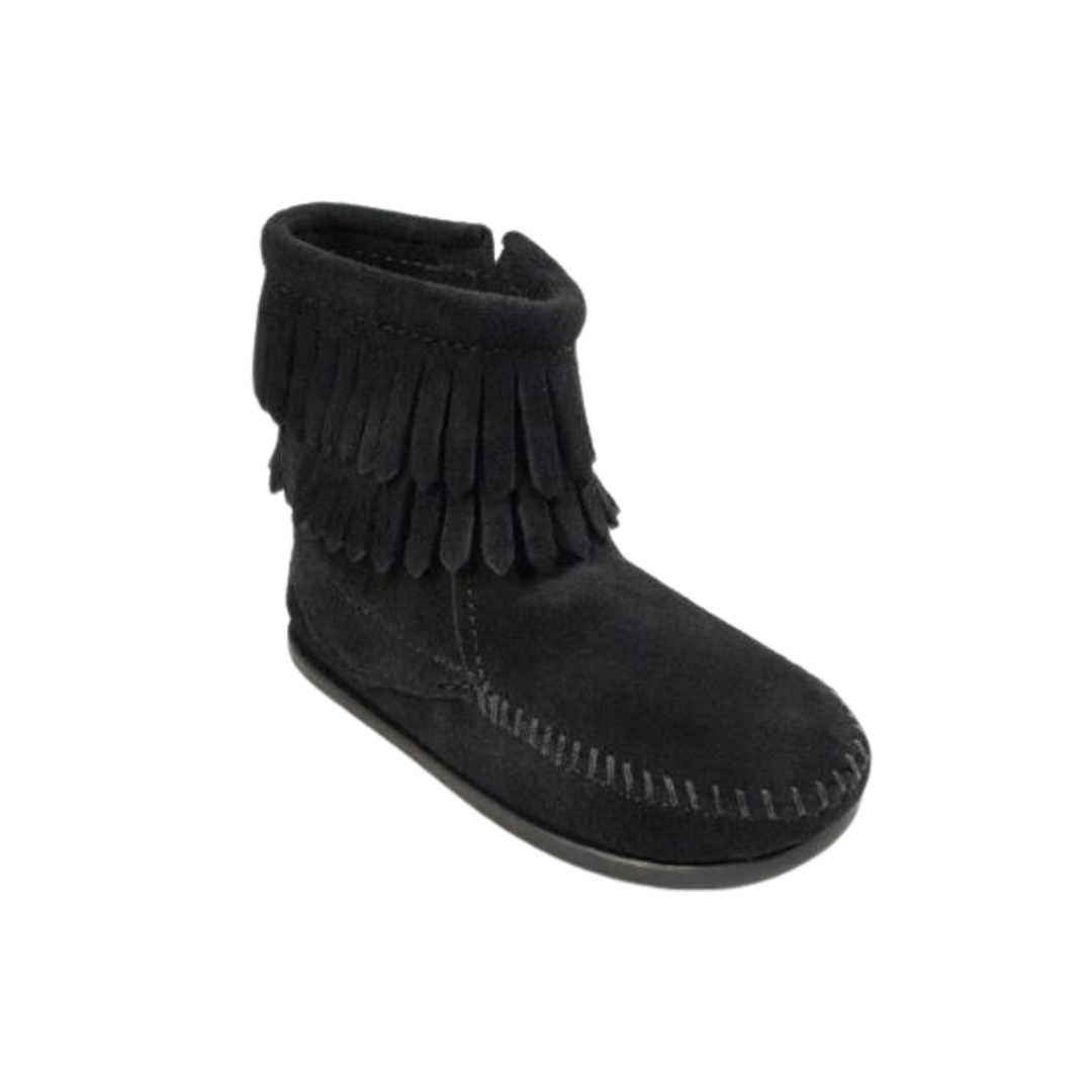 Minnetonka Youth Unisex Double Fringe Side Zip Black Boots