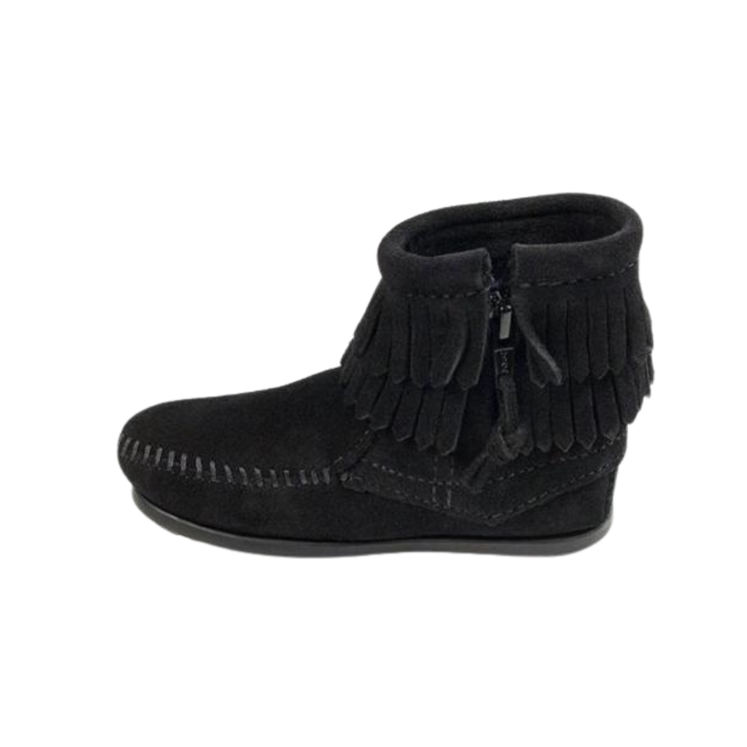 Minnetonka Youth Unisex Double Fringe Side Zip Black Boots