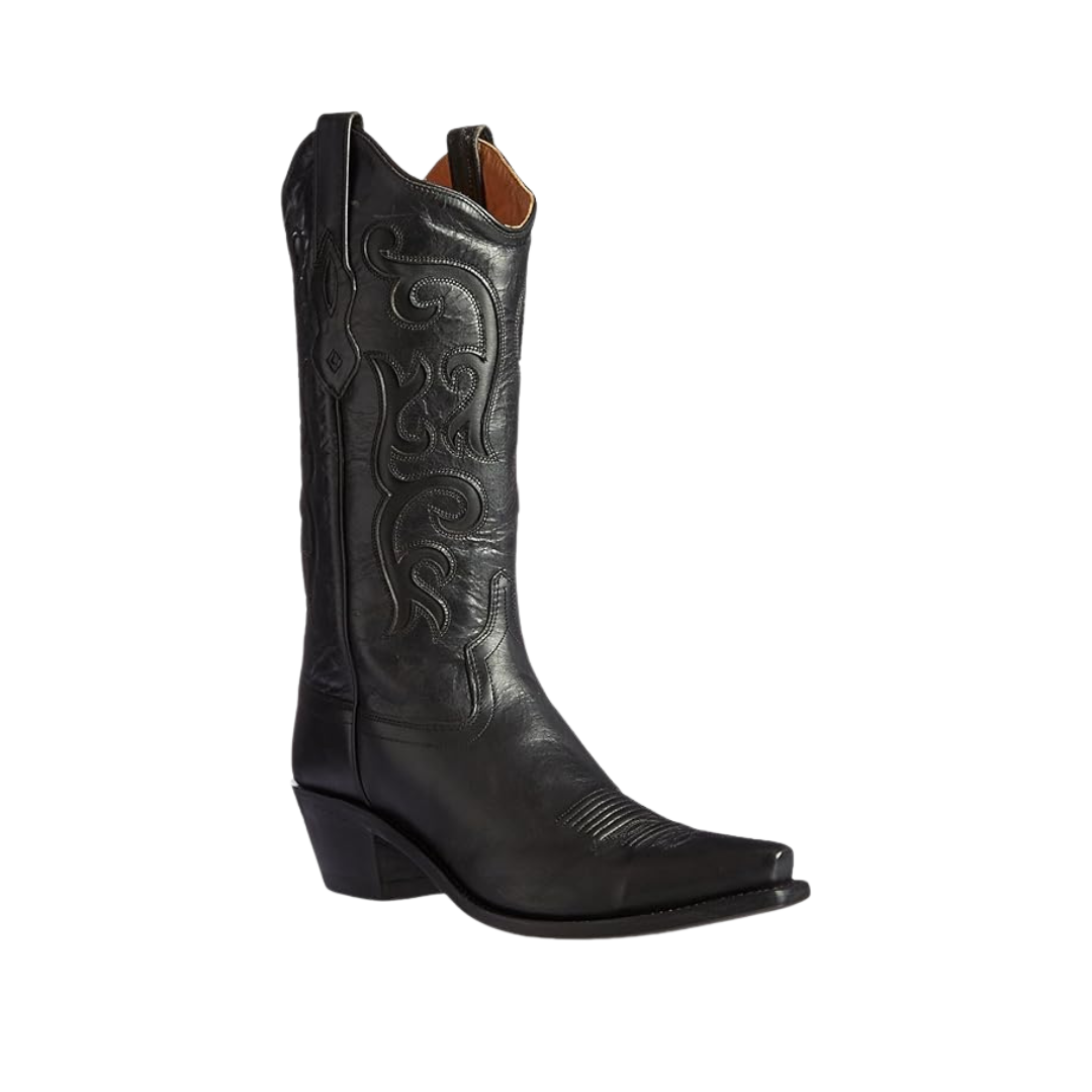 Old West Black Womens All Over Leather 12in Snip Toe Stitch Cowboy Boots
