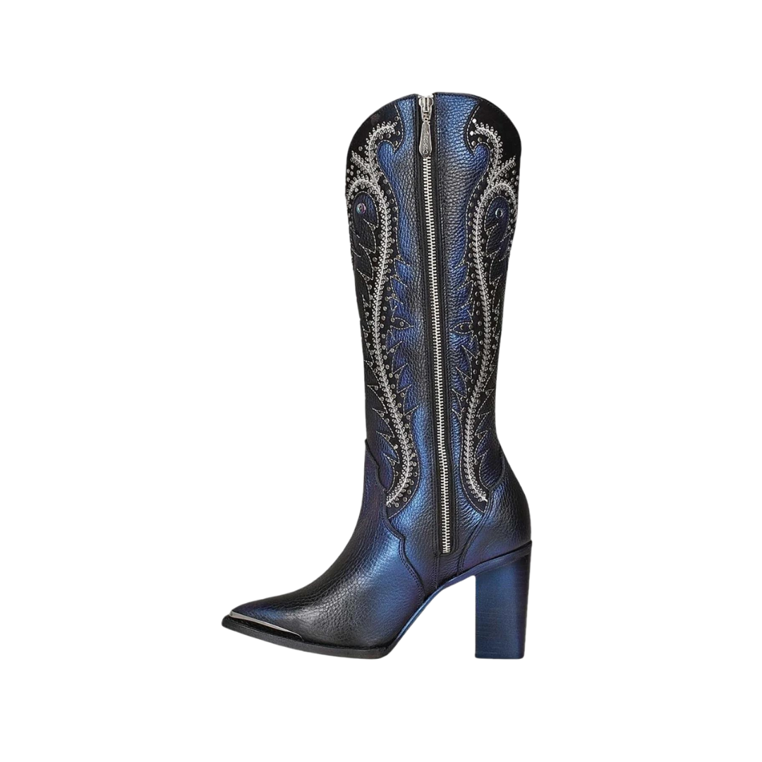 Cuadra Women's Studded & Embroidered Black Pointed Toe Boot