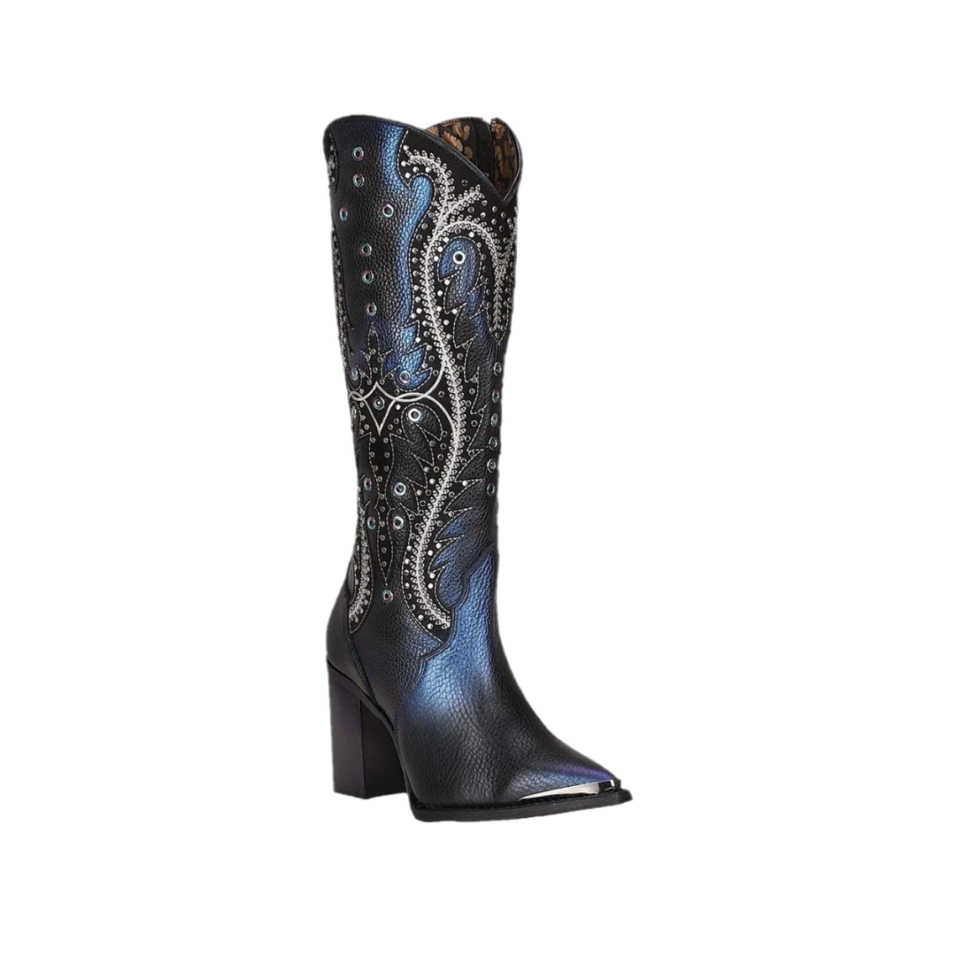 Cuadra Women's Studded & Embroidered Black Pointed Toe Boot